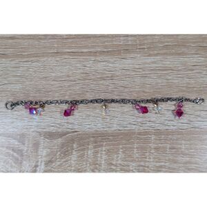 Silver Tone Charm Bracelet Pink & Clear Crystal Dangle Charms Lobster Clasp